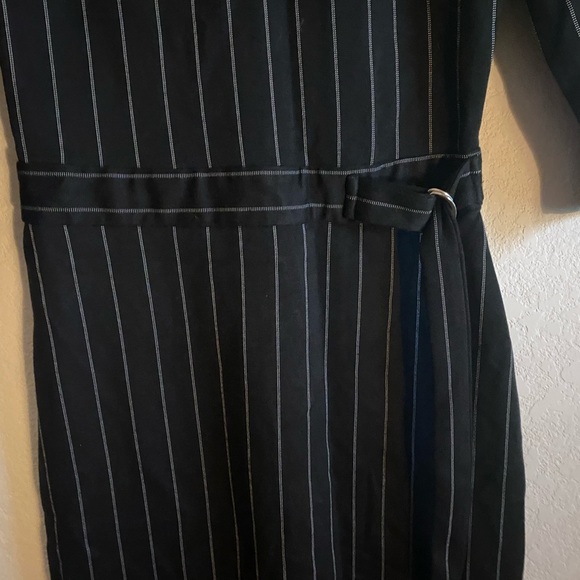 LONYUASH Elegant Black Vertical Striped Sheath Belted 3/4 Sleeves Office Dress S - Picture 6 of 16